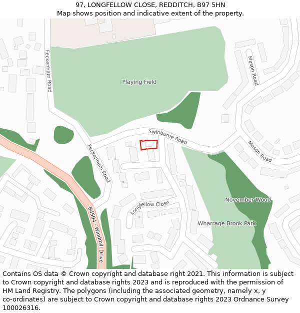 97, LONGFELLOW CLOSE, REDDITCH, B97 5HN: Location map and indicative extent of plot