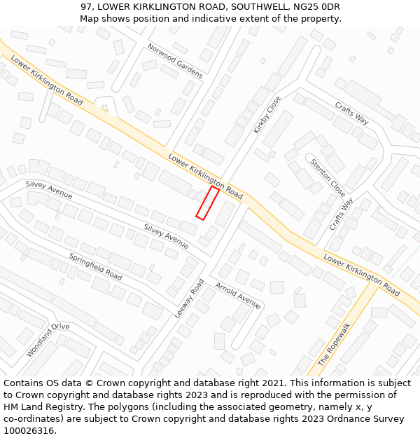 97, LOWER KIRKLINGTON ROAD, SOUTHWELL, NG25 0DR: Location map and indicative extent of plot