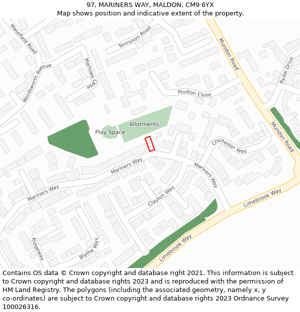 97, MARINERS WAY, MALDON, CM9 6YX: Location map and indicative extent of plot