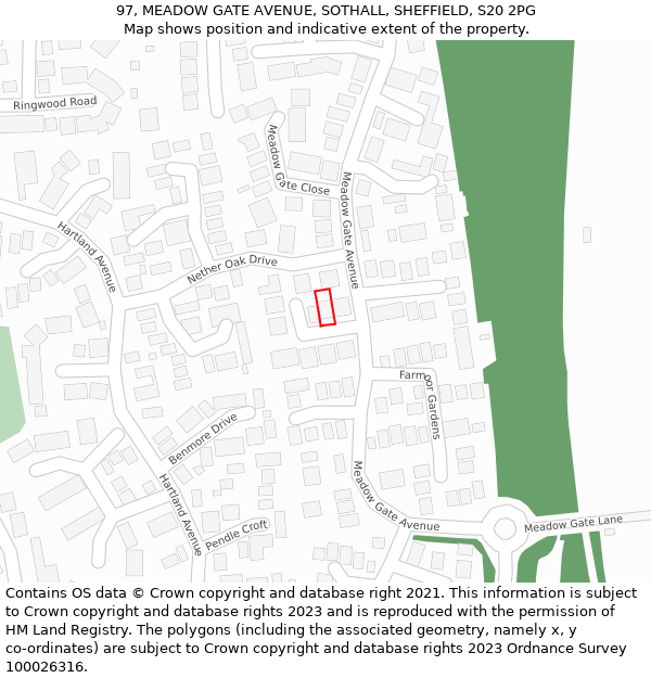 97, MEADOW GATE AVENUE, SOTHALL, SHEFFIELD, S20 2PG: Location map and indicative extent of plot