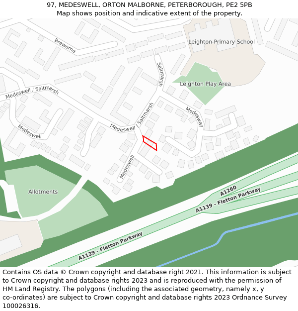 97, MEDESWELL, ORTON MALBORNE, PETERBOROUGH, PE2 5PB: Location map and indicative extent of plot