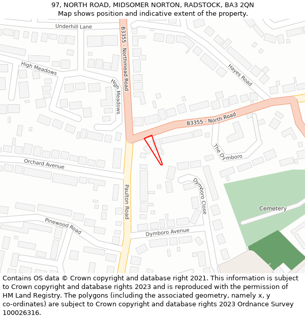 97, NORTH ROAD, MIDSOMER NORTON, RADSTOCK, BA3 2QN: Location map and indicative extent of plot