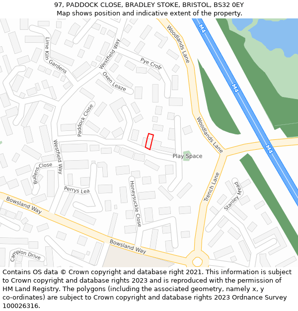 97, PADDOCK CLOSE, BRADLEY STOKE, BRISTOL, BS32 0EY: Location map and indicative extent of plot