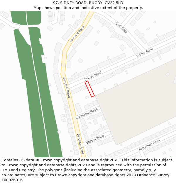 97, SIDNEY ROAD, RUGBY, CV22 5LD: Location map and indicative extent of plot