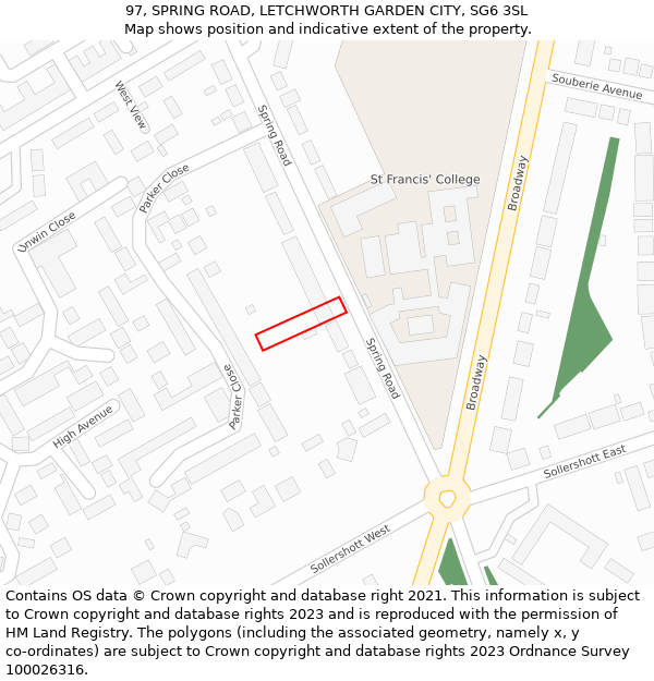 97, SPRING ROAD, LETCHWORTH GARDEN CITY, SG6 3SL: Location map and indicative extent of plot