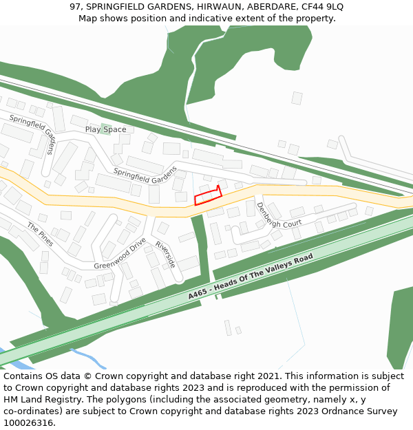 97, SPRINGFIELD GARDENS, HIRWAUN, ABERDARE, CF44 9LQ: Location map and indicative extent of plot