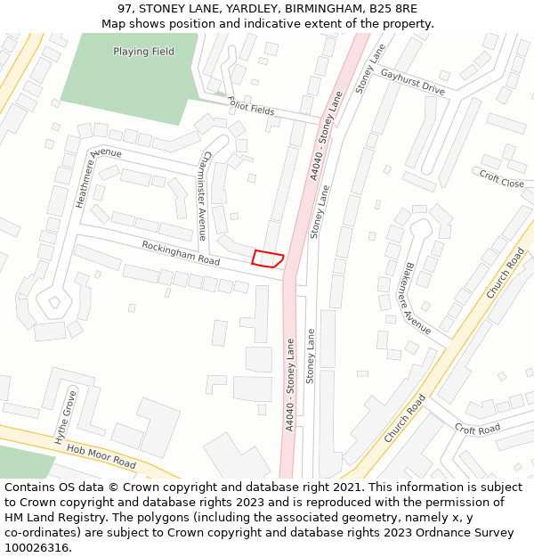 97, STONEY LANE, YARDLEY, BIRMINGHAM, B25 8RE: Location map and indicative extent of plot