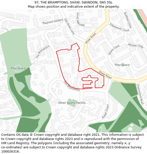 97, THE BRAMPTONS, SHAW, SWINDON, SN5 5SL: Location map and indicative extent of plot