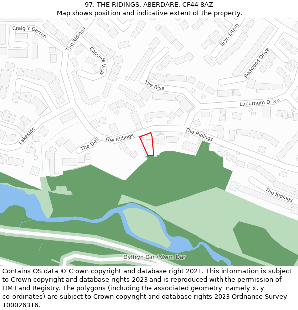 97, THE RIDINGS, ABERDARE, CF44 8AZ: Location map and indicative extent of plot