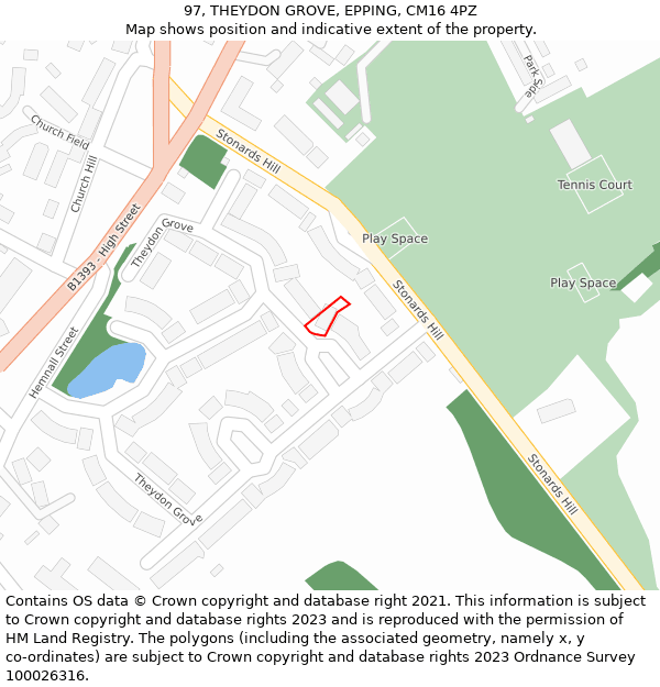 97, THEYDON GROVE, EPPING, CM16 4PZ: Location map and indicative extent of plot