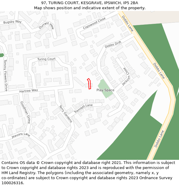97, TURING COURT, KESGRAVE, IPSWICH, IP5 2BA: Location map and indicative extent of plot