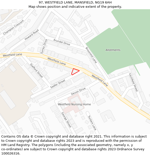97, WESTFIELD LANE, MANSFIELD, NG19 6AH: Location map and indicative extent of plot
