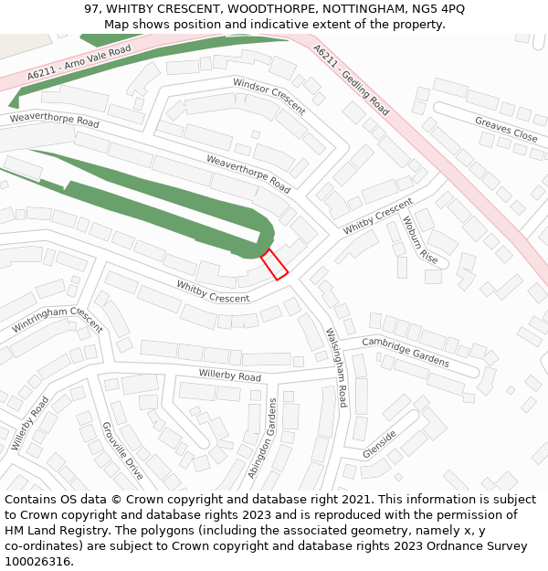 97, WHITBY CRESCENT, WOODTHORPE, NOTTINGHAM, NG5 4PQ: Location map and indicative extent of plot