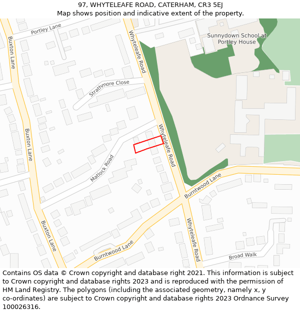 97, WHYTELEAFE ROAD, CATERHAM, CR3 5EJ: Location map and indicative extent of plot