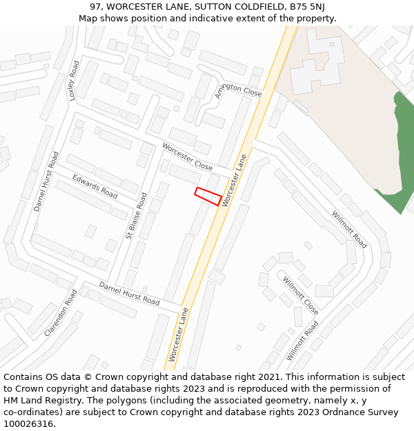 97, WORCESTER LANE, SUTTON COLDFIELD, B75 5NJ: Location map and indicative extent of plot