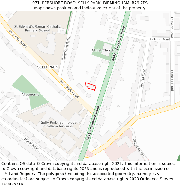 971, PERSHORE ROAD, SELLY PARK, BIRMINGHAM, B29 7PS: Location map and indicative extent of plot