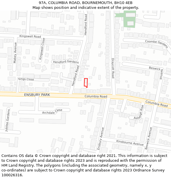 97A, COLUMBIA ROAD, BOURNEMOUTH, BH10 4EB: Location map and indicative extent of plot