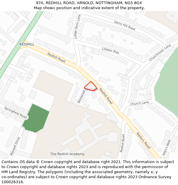 97A, REDHILL ROAD, ARNOLD, NOTTINGHAM, NG5 8GX: Location map and indicative extent of plot