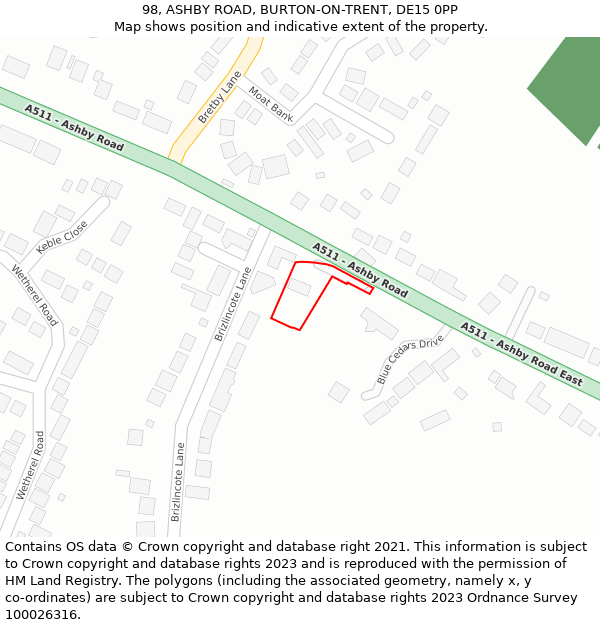 98, ASHBY ROAD, BURTON-ON-TRENT, DE15 0PP: Location map and indicative extent of plot