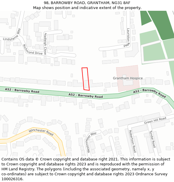 98, BARROWBY ROAD, GRANTHAM, NG31 8AF: Location map and indicative extent of plot