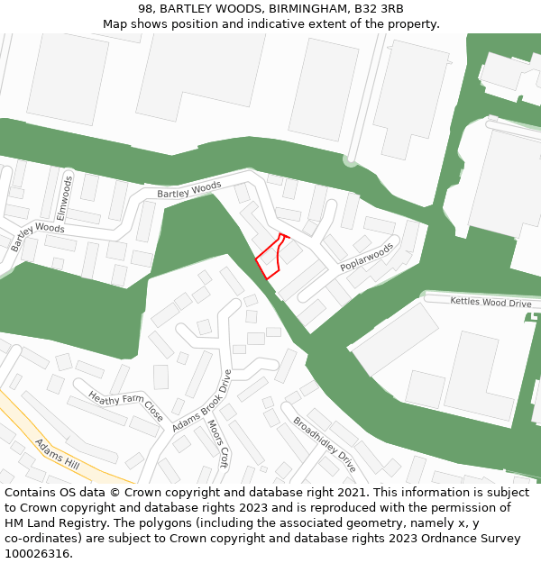 98, BARTLEY WOODS, BIRMINGHAM, B32 3RB: Location map and indicative extent of plot