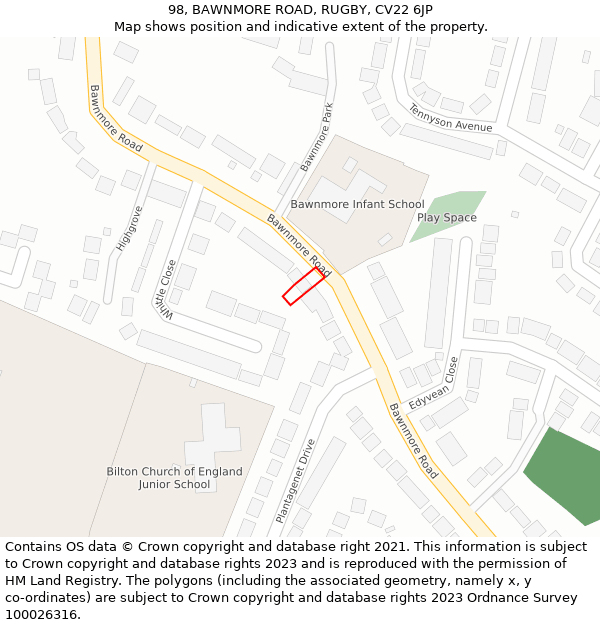 98, BAWNMORE ROAD, RUGBY, CV22 6JP: Location map and indicative extent of plot