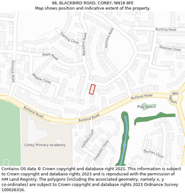 98, BLACKBIRD ROAD, CORBY, NN18 8FE: Location map and indicative extent of plot
