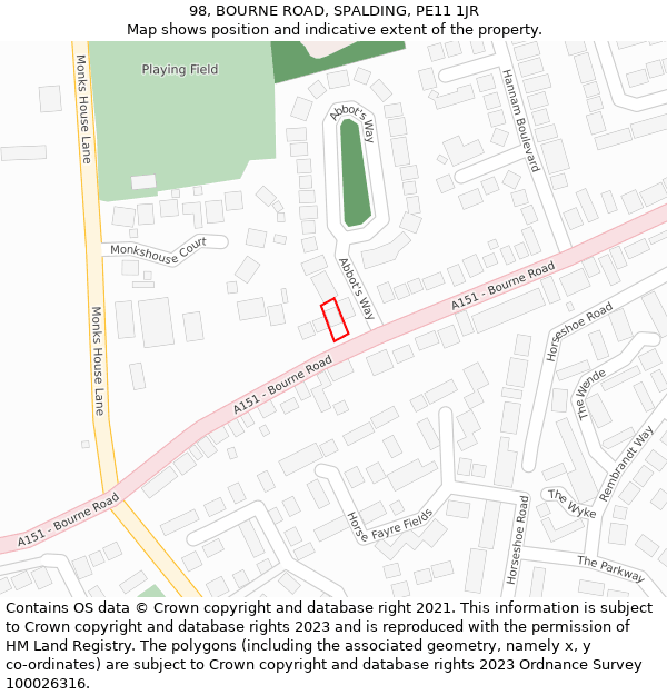 98, BOURNE ROAD, SPALDING, PE11 1JR: Location map and indicative extent of plot