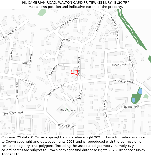 98, CAMBRIAN ROAD, WALTON CARDIFF, TEWKESBURY, GL20 7RP: Location map and indicative extent of plot