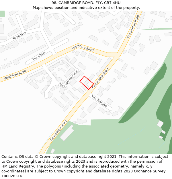 98, CAMBRIDGE ROAD, ELY, CB7 4HU: Location map and indicative extent of plot