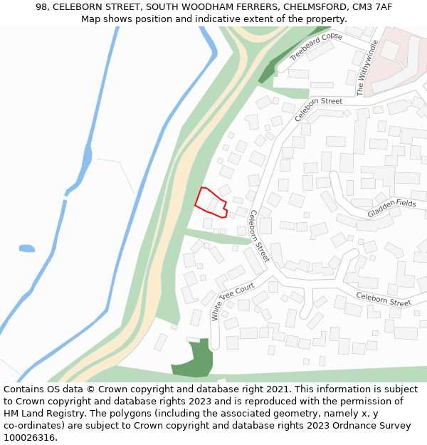 98, CELEBORN STREET, SOUTH WOODHAM FERRERS, CHELMSFORD, CM3 7AF: Location map and indicative extent of plot