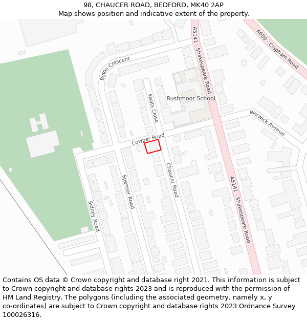 98, CHAUCER ROAD, BEDFORD, MK40 2AP: Location map and indicative extent of plot