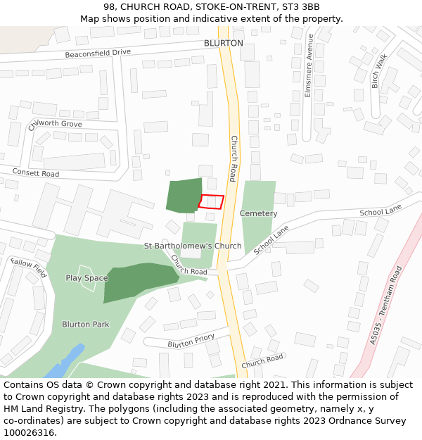 98, CHURCH ROAD, STOKE-ON-TRENT, ST3 3BB: Location map and indicative extent of plot