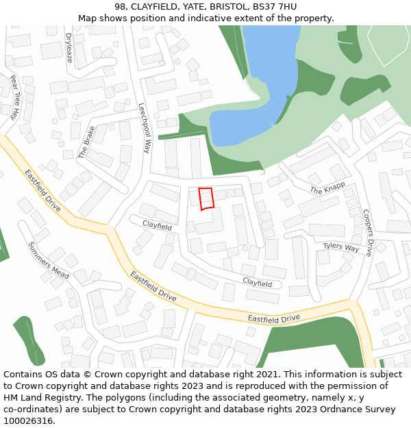 98, CLAYFIELD, YATE, BRISTOL, BS37 7HU: Location map and indicative extent of plot