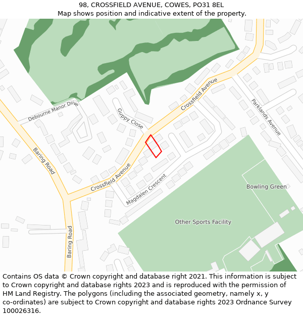 98, CROSSFIELD AVENUE, COWES, PO31 8EL: Location map and indicative extent of plot