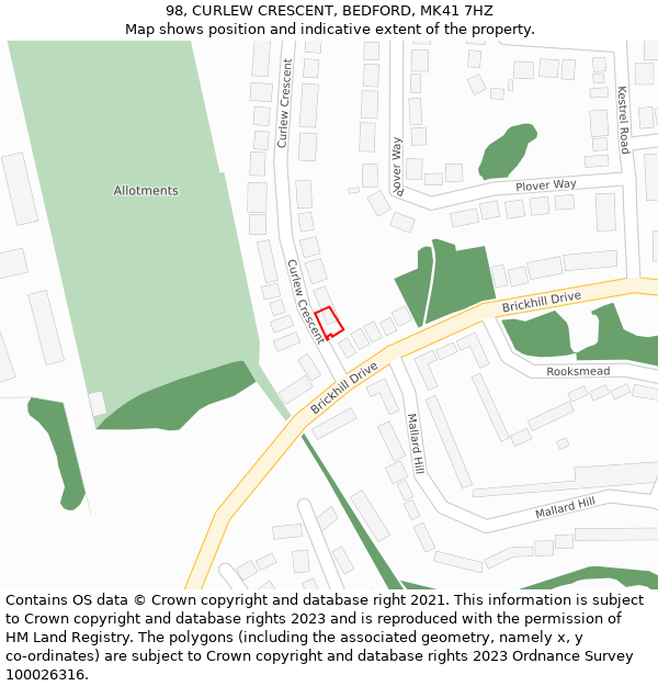 98, CURLEW CRESCENT, BEDFORD, MK41 7HZ: Location map and indicative extent of plot
