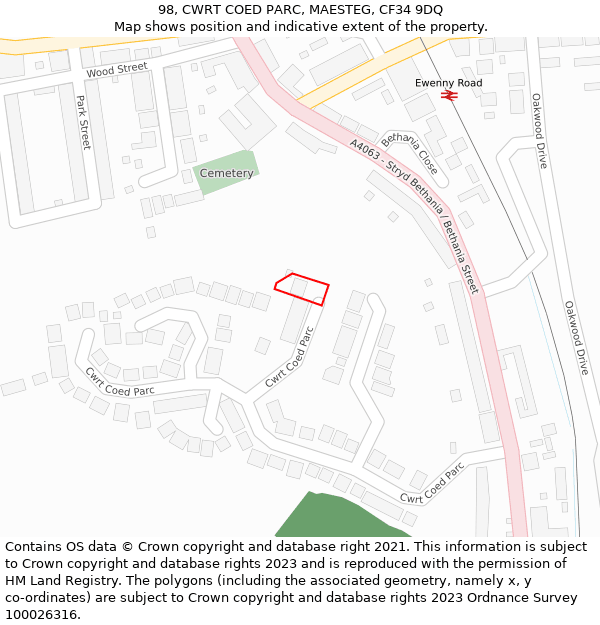 98, CWRT COED PARC, MAESTEG, CF34 9DQ: Location map and indicative extent of plot