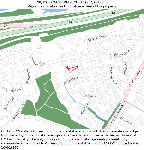 98, DAIRYMANS WALK, GUILDFORD, GU4 7FF: Location map and indicative extent of plot