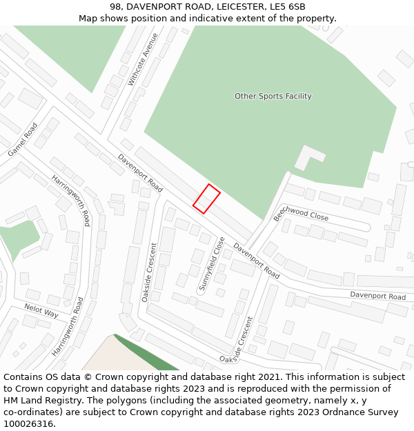 98, DAVENPORT ROAD, LEICESTER, LE5 6SB: Location map and indicative extent of plot