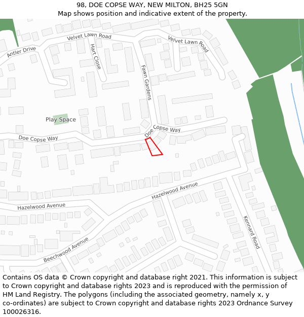 98, DOE COPSE WAY, NEW MILTON, BH25 5GN: Location map and indicative extent of plot