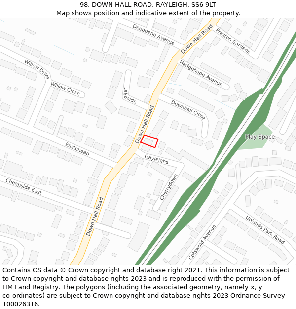 98, DOWN HALL ROAD, RAYLEIGH, SS6 9LT: Location map and indicative extent of plot