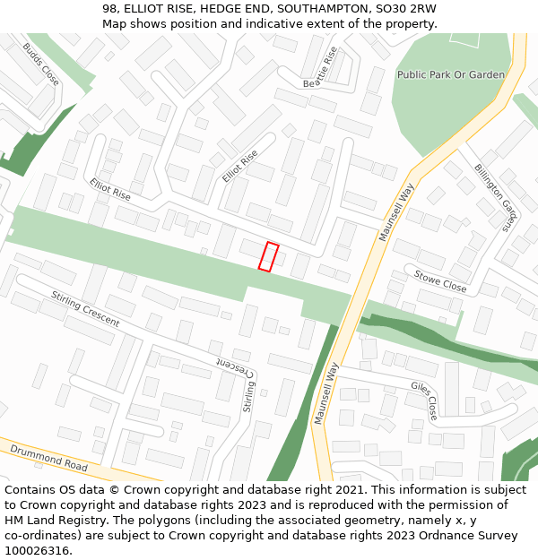 98, ELLIOT RISE, HEDGE END, SOUTHAMPTON, SO30 2RW: Location map and indicative extent of plot