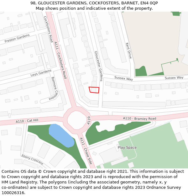 98, GLOUCESTER GARDENS, COCKFOSTERS, BARNET, EN4 0QP: Location map and indicative extent of plot