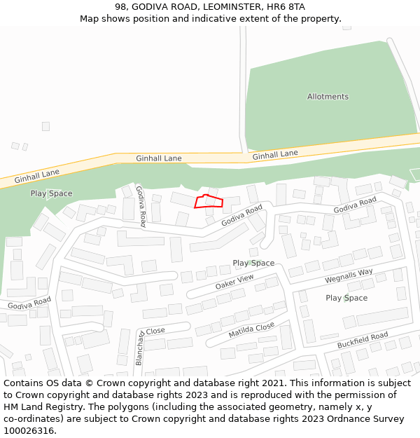 98, GODIVA ROAD, LEOMINSTER, HR6 8TA: Location map and indicative extent of plot