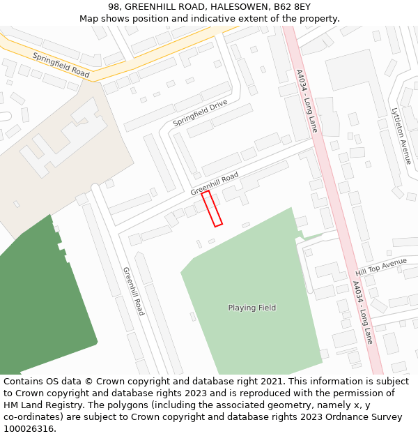 98, GREENHILL ROAD, HALESOWEN, B62 8EY: Location map and indicative extent of plot