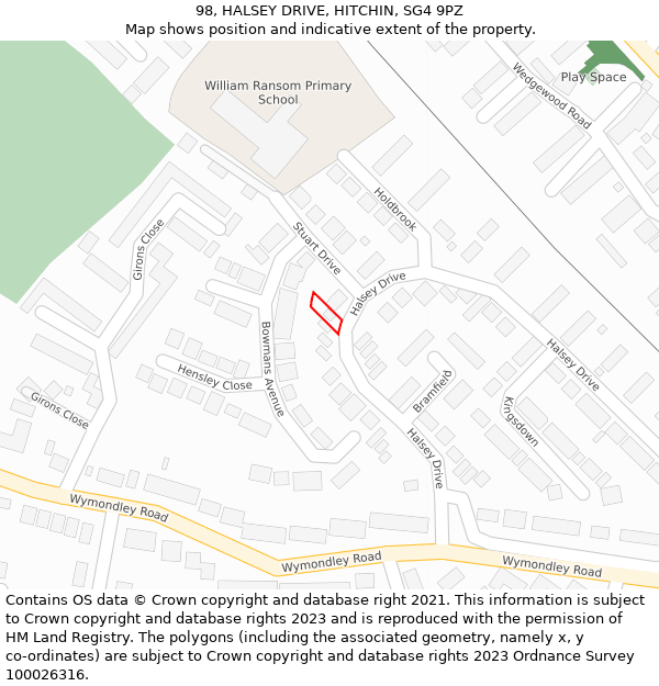 98, HALSEY DRIVE, HITCHIN, SG4 9PZ: Location map and indicative extent of plot