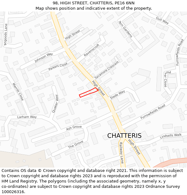 98, HIGH STREET, CHATTERIS, PE16 6NN: Location map and indicative extent of plot