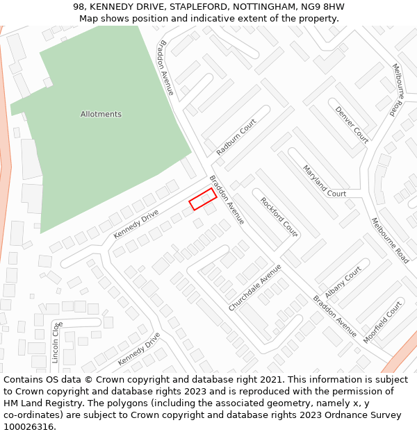98, KENNEDY DRIVE, STAPLEFORD, NOTTINGHAM, NG9 8HW: Location map and indicative extent of plot