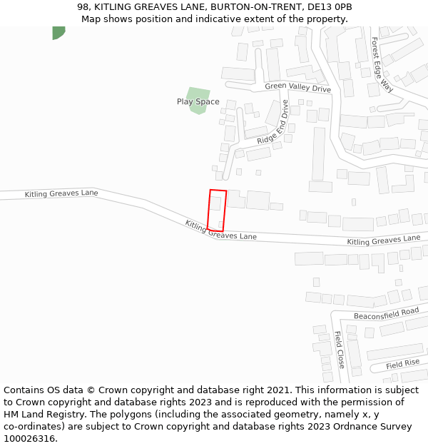 98, KITLING GREAVES LANE, BURTON-ON-TRENT, DE13 0PB: Location map and indicative extent of plot