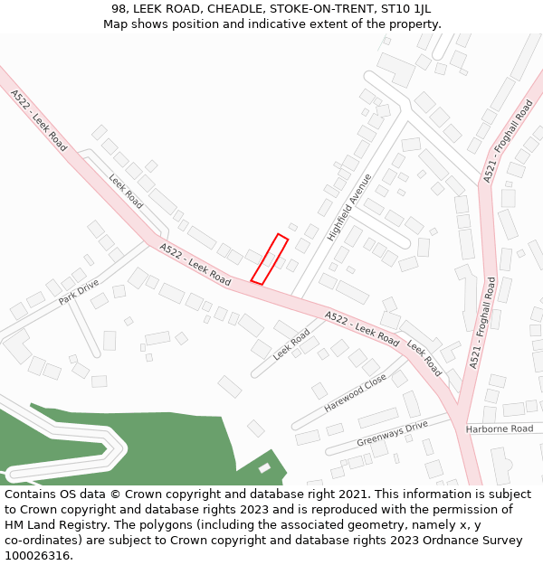 98, LEEK ROAD, CHEADLE, STOKE-ON-TRENT, ST10 1JL: Location map and indicative extent of plot